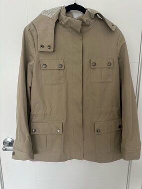 Brooks Brothers Khaki Utility Jacket Hooded Cinch Waist Woven in Italy Coat